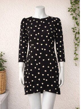 Reformation Brantley Mini Dress Black Heart Print “Luv It” Long Sleeve Size 4